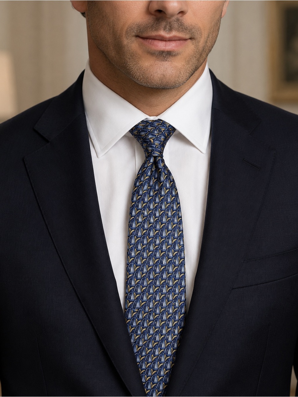 Classic Blue Patterned Silk Tie with Subtle Gold Motif - Picture 1 of 6